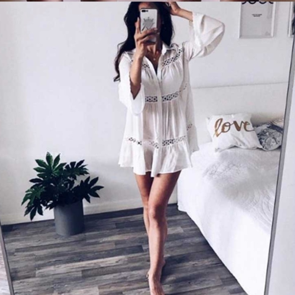 White Boho Button Up Long Sleeve Coverup Top - Picture 4 of 5